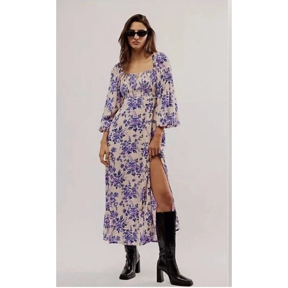 Free People Jaymes Midi Dress Womens Medium Purple Floral Smocked Milkmaid Boho